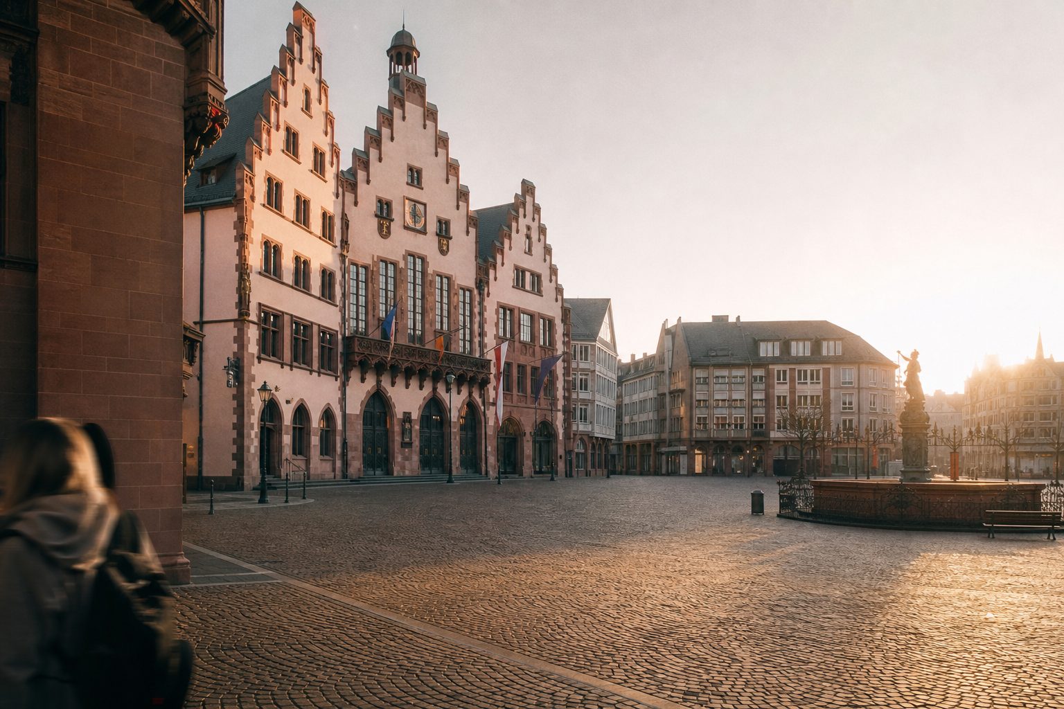 Die Treppengiebel des Römers am Römerberg im Morgenlicht, das Kopfsteinpflaster ist noch fast menschenleer.