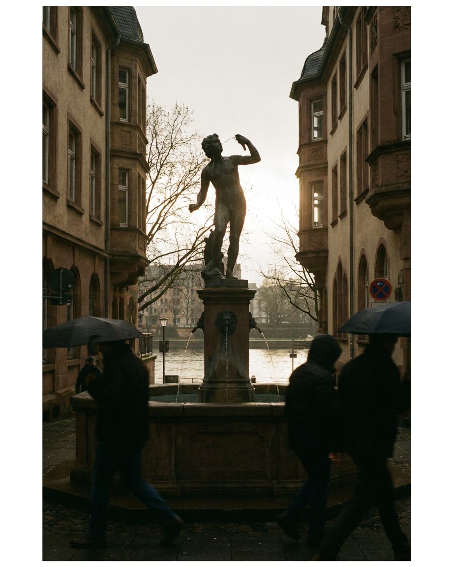 Die wasserspeiende Brunnenfigur der Frau Rauscher an der Klappergasse, hochkant im Gegenlicht.