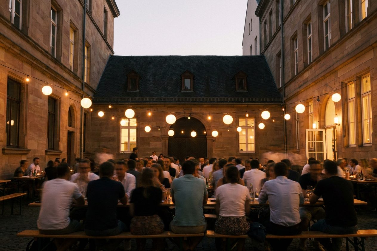 Voll besetzte Tische in einem Innenhof-Lokal bei Nacht, Gäste unscharf von hinten, warmes Laternenlicht.