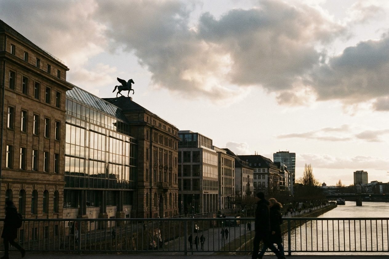 Die Dachskulptur der Alten Oper mit dem geflügelten Pferd Pegasus als dunkle Silhouette vor dramatisch bewölktem Himmel.