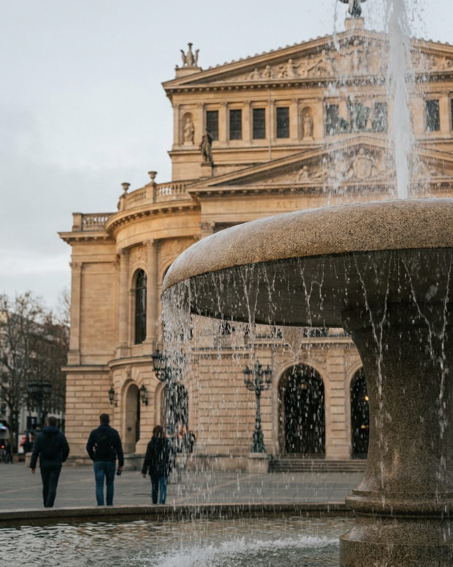 Der Brunnen auf dem Opernplatz mit feinen Wasserschleiern, dahinter die Sandsteinfassade der Alten Oper, hochformatig.