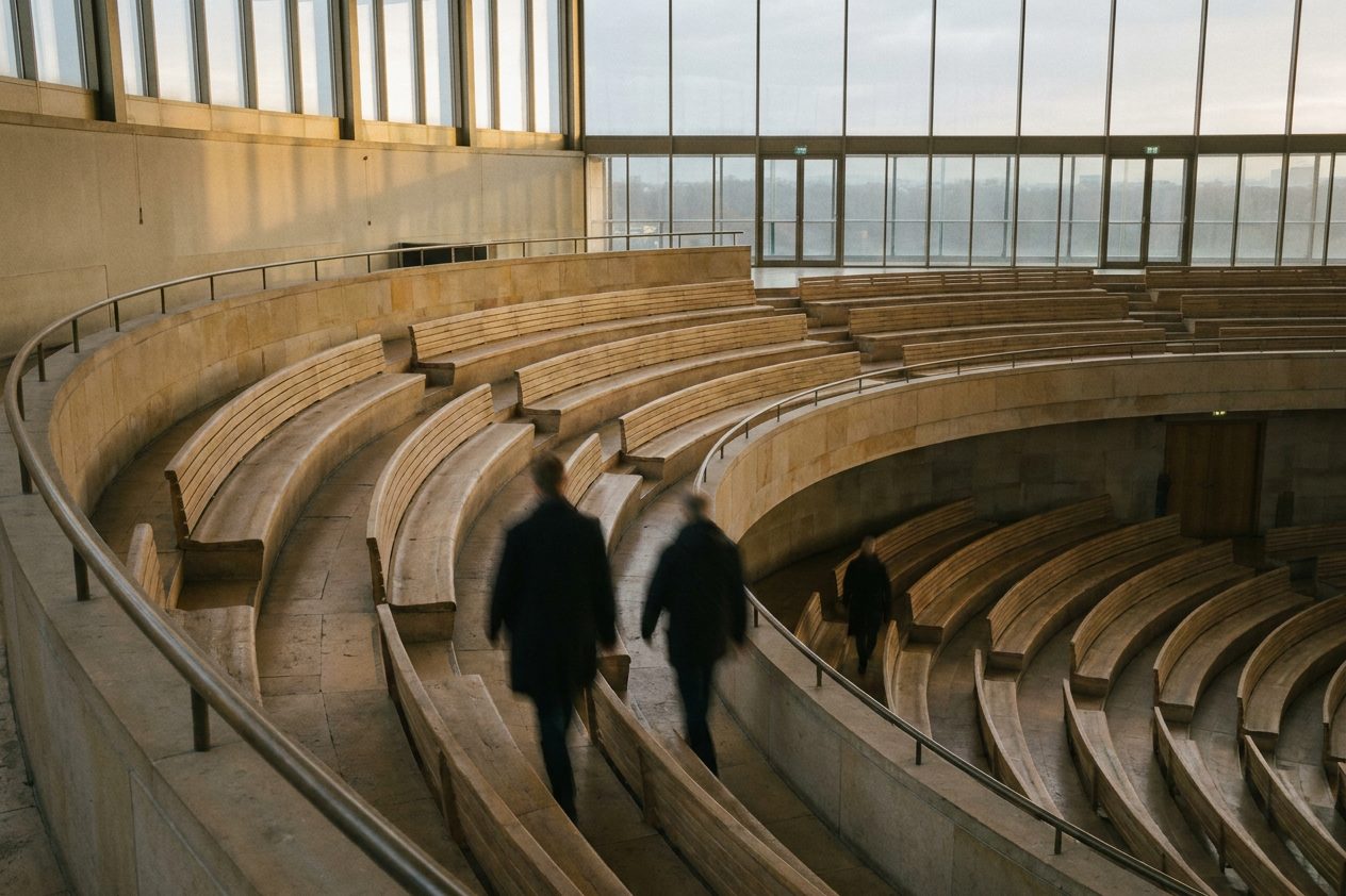 Der Große Saal der Alten Oper mit leeren Rängen in goldenem Licht, fotografiert vom obersten Balkon.