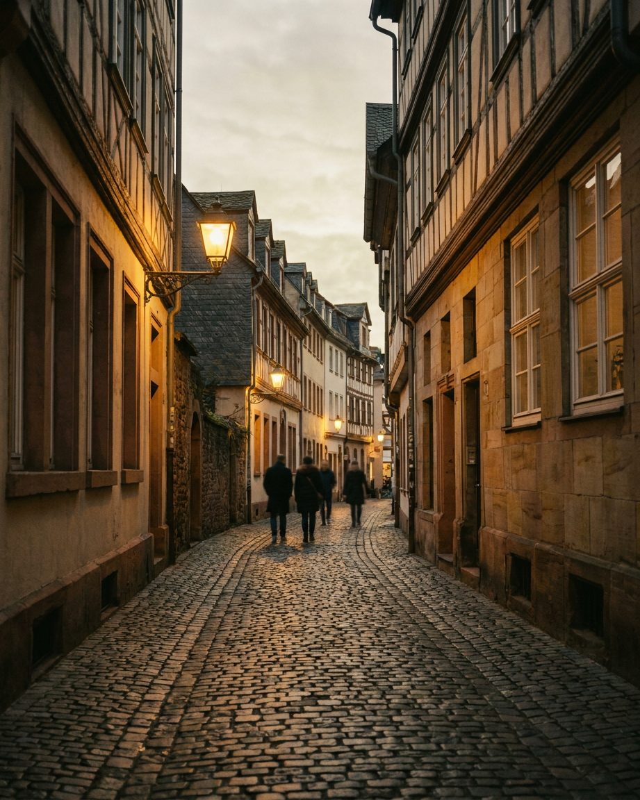 Enge Kopfsteinpflastergasse in Alt-Sachsenhausen in der Abenddämmerung, warmes Laternenlicht auf feuchtem Pflaster.
