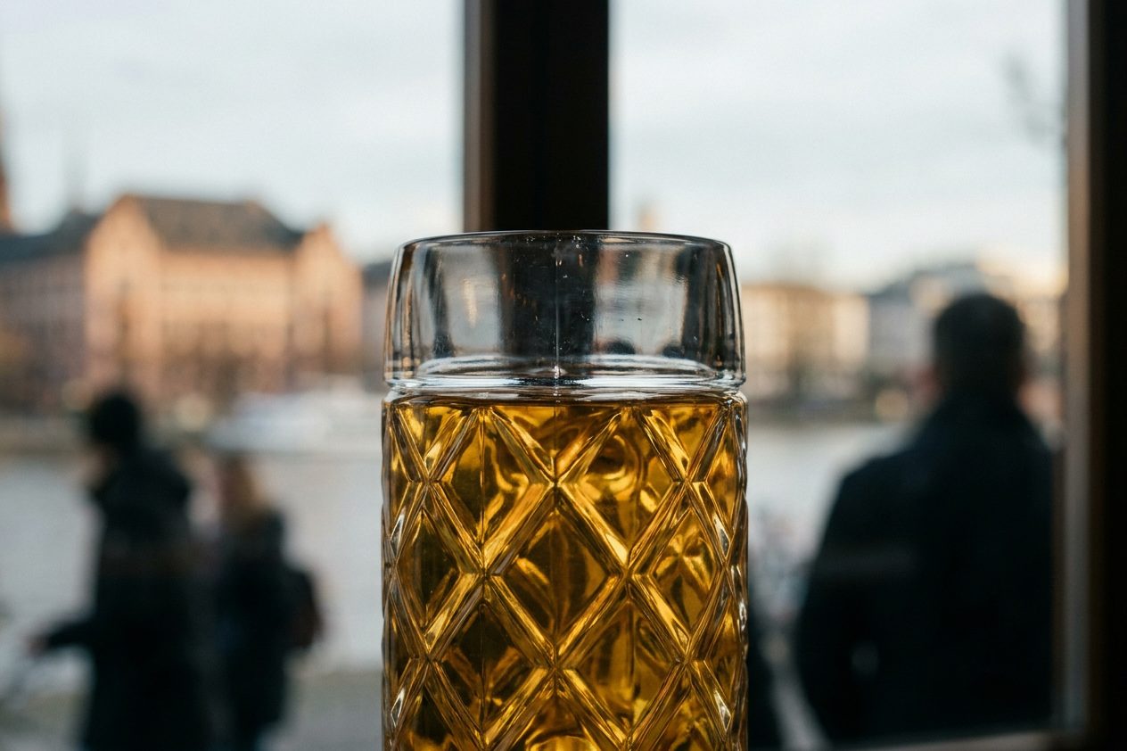 Nahaufnahme der Rautenstruktur eines Gerippten, in dem sich goldenes Licht bricht und der Apfelwein leuchtet.