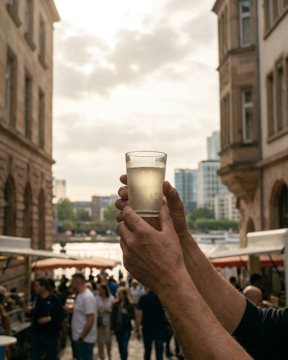 Hände halten ein kleines Verkostungsglas mit hellem Apfelwein gegen das Sonnenlicht, Hochformat.