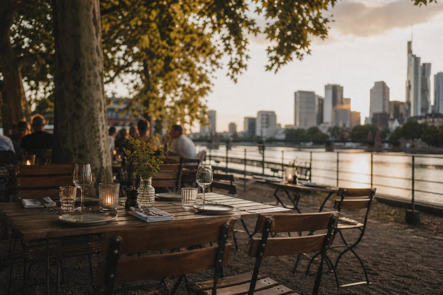 Ein Wirtshausgarten unter alten Bäumen im Abendlicht, eingedeckte Tische mit Gerippten, Gäste als unscharfe Silhouetten.
