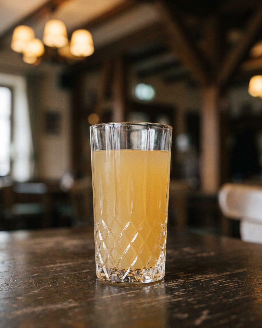 Ein einzelnes geripptes Glas mit trübem, goldenem Apfelwein im Fensterlicht auf dunklem, abgenutztem Holz.