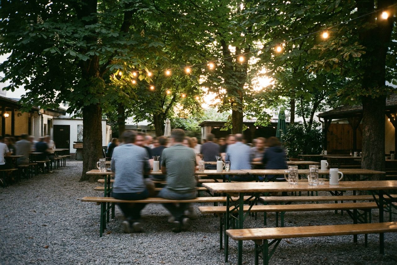 Kastanienbeschatteter Kiesgarten eines Apfelweinlokals am Abend, lange Holztische, warme Lichterketten, Gäste von hinten.