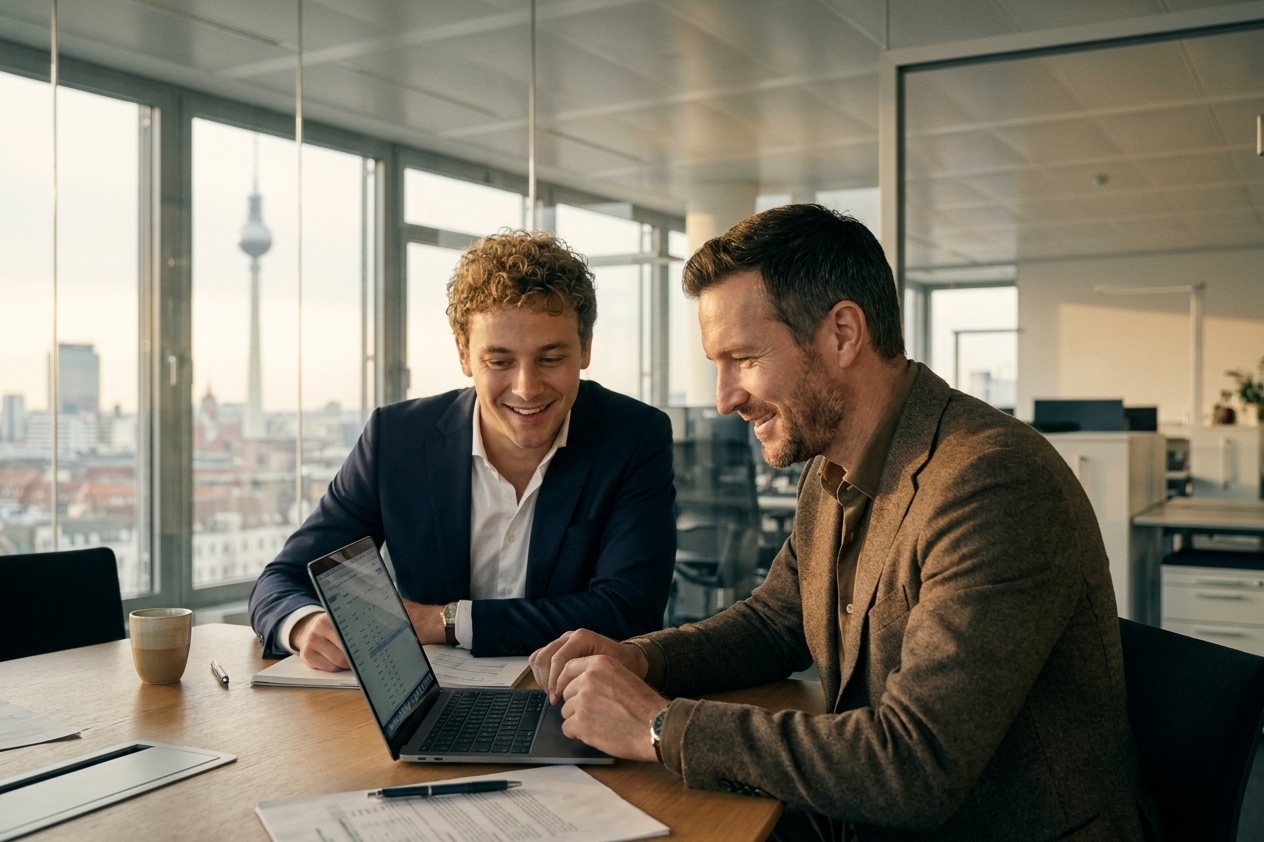 Zwei Männer sitzen im Arbeitsgespräch an einem Tisch mit Laptop in einem Berliner Büro.