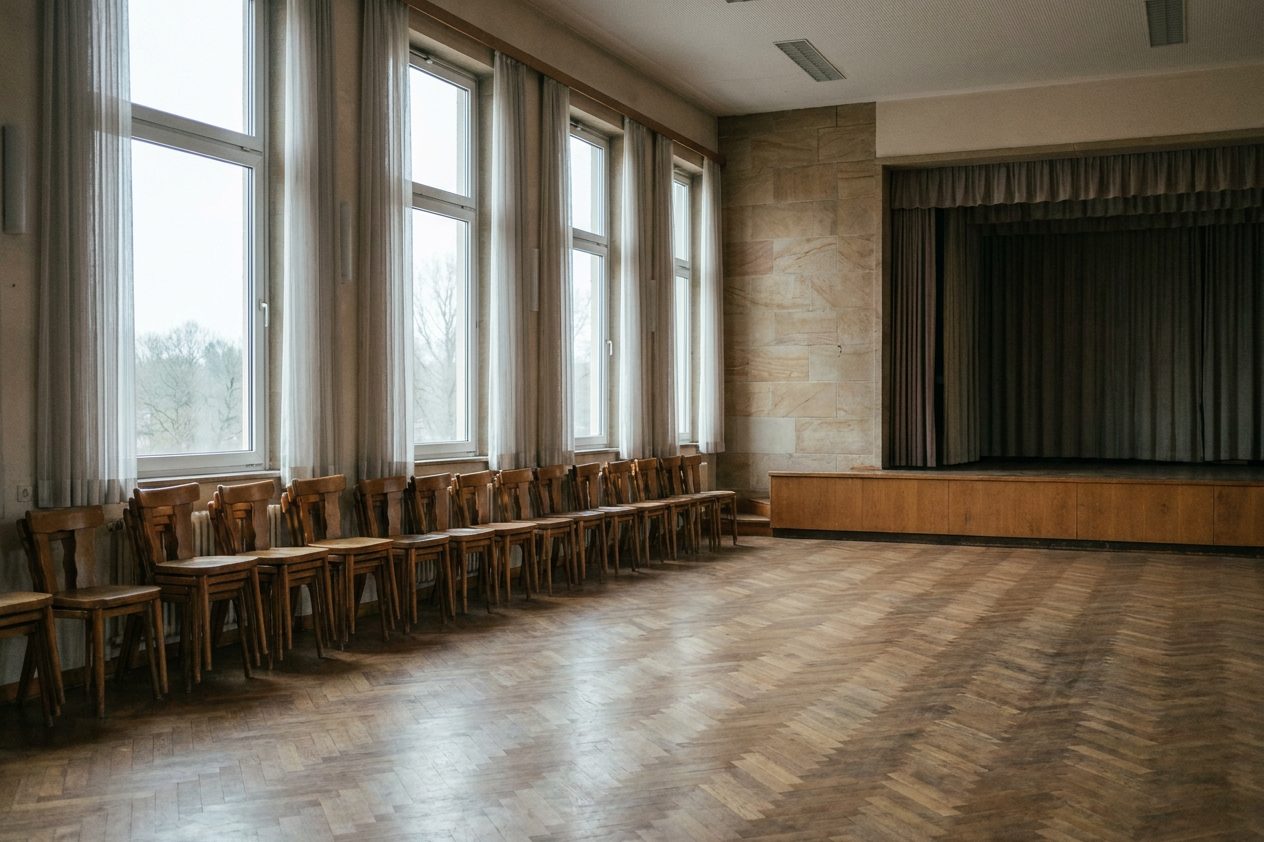 Leerer Veranstaltungssaal mit Parkettboden, Stuhlreihen an der Wand und hohen Fenstern, kühles Tageslicht.