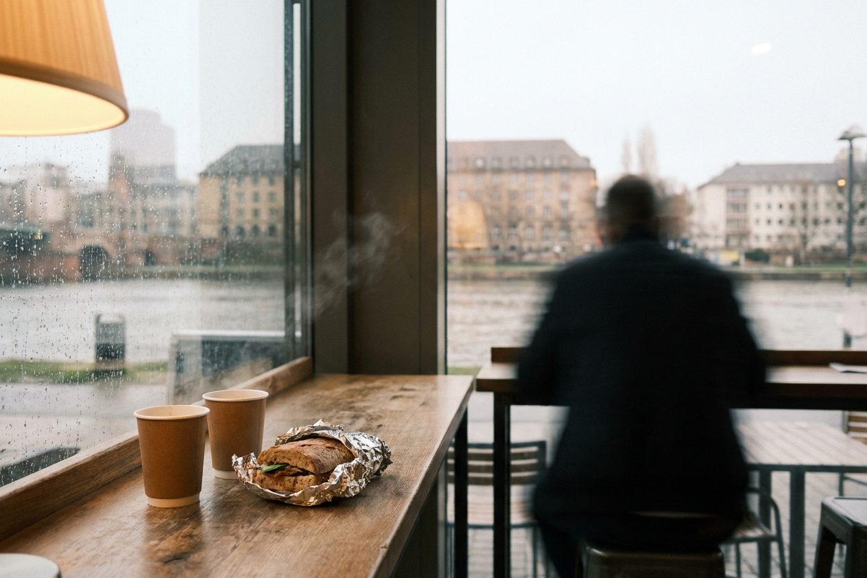 Zwei Pappbecher mit Tee und ein belegtes Brot auf einem schmalen Tresen im warmen Innenlicht.