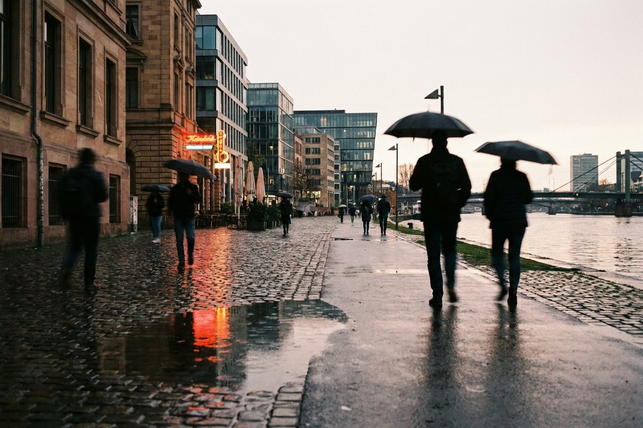 Neonlicht spiegelt sich auf regennassem Gehweg, Passanten als verschwommene Silhouetten.