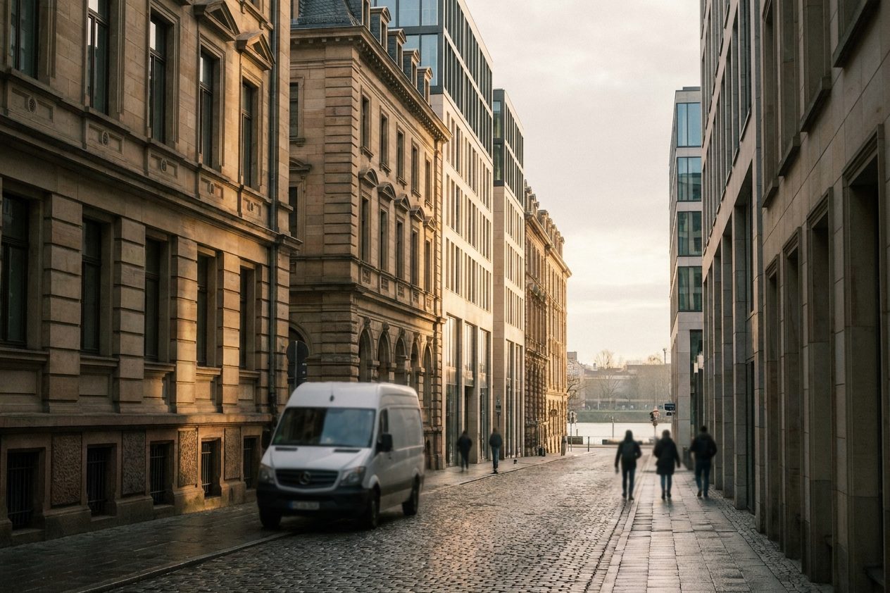 Die Münchener Straße am frühen Morgen, leer bis auf einen Lieferwagen, erste Sonne zwischen den Fassaden.