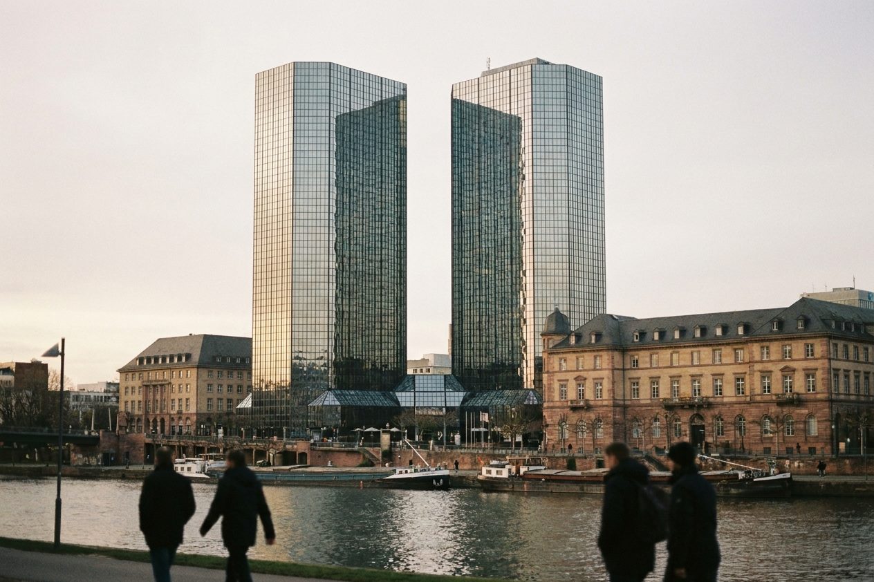 Die verspiegelten Zwillingstürme der Deutschen Bank in Frankfurt spiegeln sich ineinander, abstrakte Glasflächen im Nachmittagslicht.