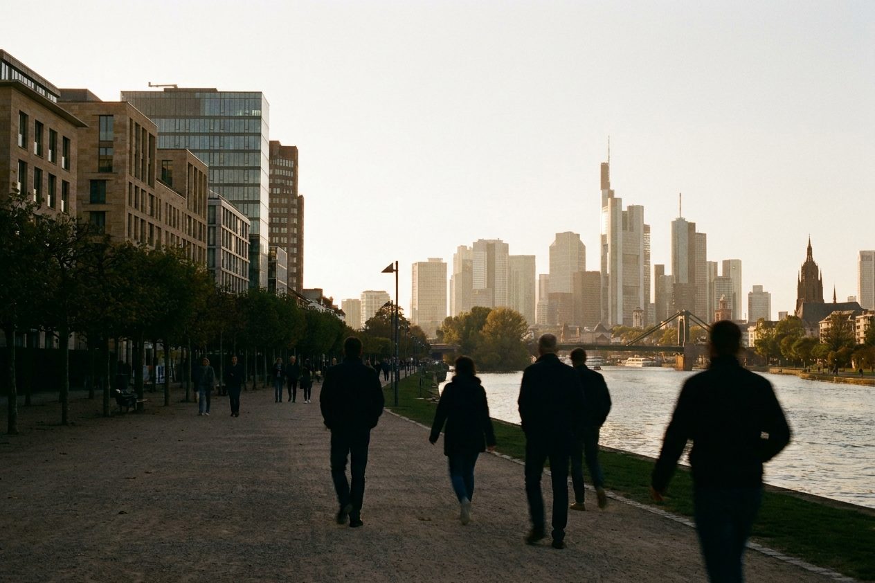 Fußgänger als Silhouetten auf einem Weg durch die Frankfurter Wallanlagen, dahinter die abendlich beleuchteten Hochhäuser des Bankenviertels.