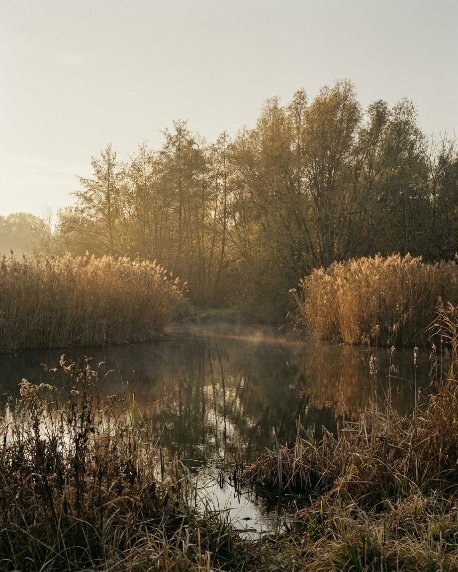 Schilfgürtel und stilles Wasser eines Teichs im Gegenlicht, dahinter dichte Erlen, Hochformat.