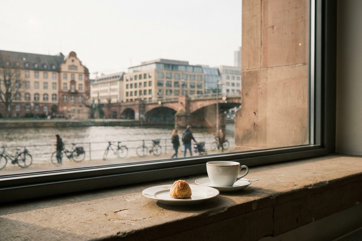 Ein einzelnes Bethmännchen auf einem feinen Porzellanteller neben einer Kaffeetasse mit Goldrand.