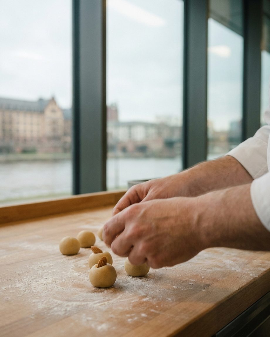 Konditorenhände drücken Mandelhälften in kleine Marzipankugeln auf einer bemehlten Arbeitsfläche.