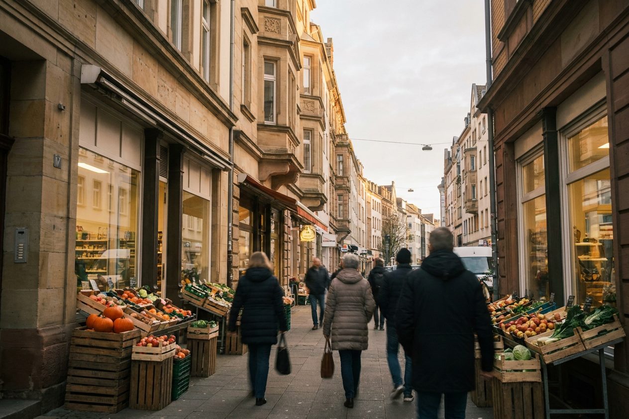 Belebte Leipziger Straße mit Obst- und Gemüseauslagen vor den Läden, Passanten von hinten im Nachmittagslicht.