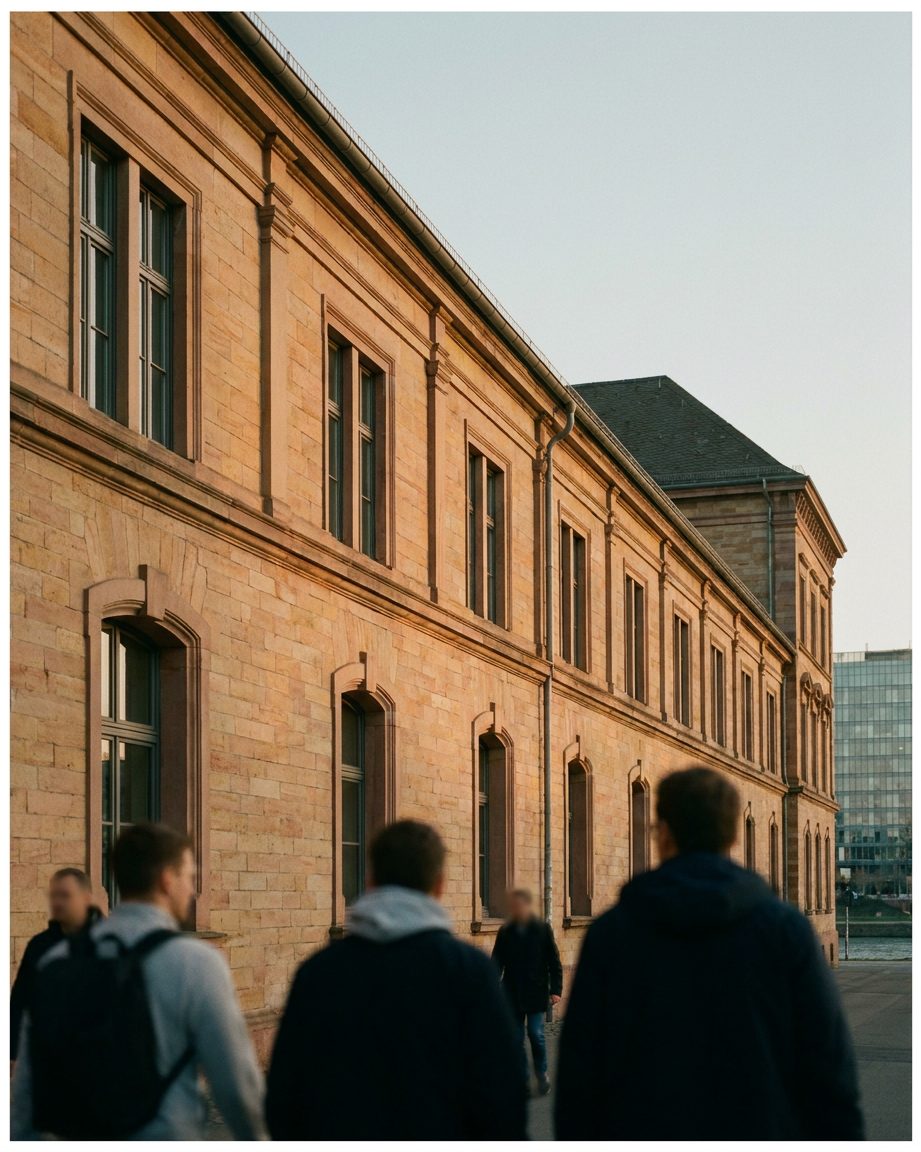 Die Backsteinfassade des Bockenheimer Depots im warmen Abendlicht, im Hochformat fotografiert.