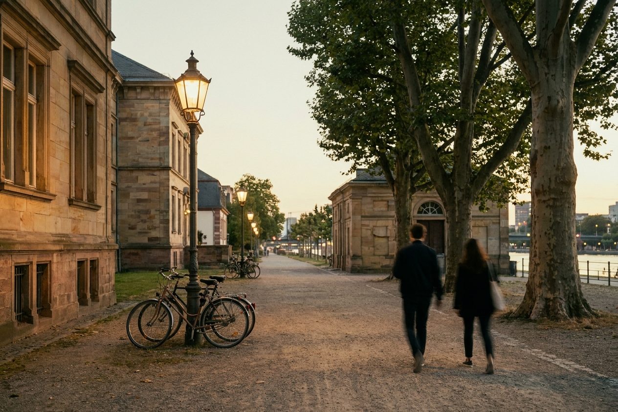Abendstimmung auf dem ehemaligen Universitätscampus, Fahrräder lehnen an einer Laterne vor altem Baumbestand.