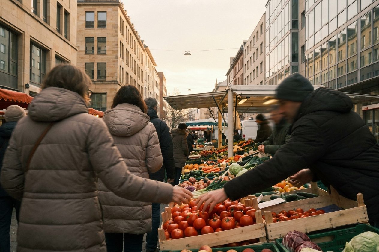 Marktstand mit bunten Obst- und Gemüseauslagen auf dem Bornheimer Wochenmarkt, Hände greifen nach Tomaten, die Kunden von hinten zu sehen.
