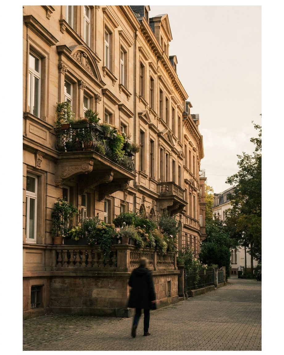 Gründerzeitfassade mit Erkern und einem üppig bepflanzten Balkon in einer ruhigen Bornheimer Seitenstraße, hochkant fotografiert.