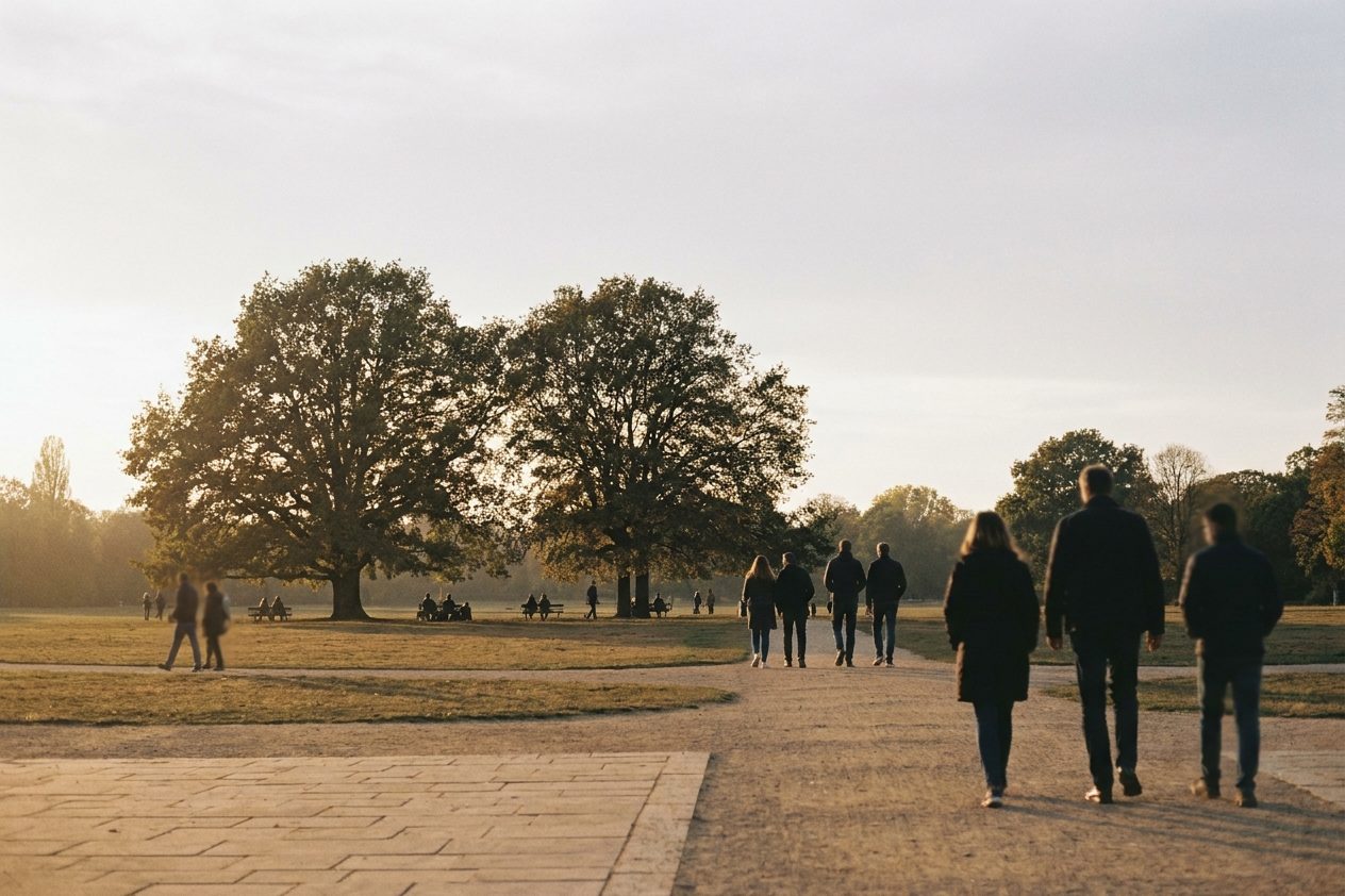 Weite Wiese im Günthersburgpark bei tiefstehender Sonne, Menschen als Silhouetten unter alten Bäumen.