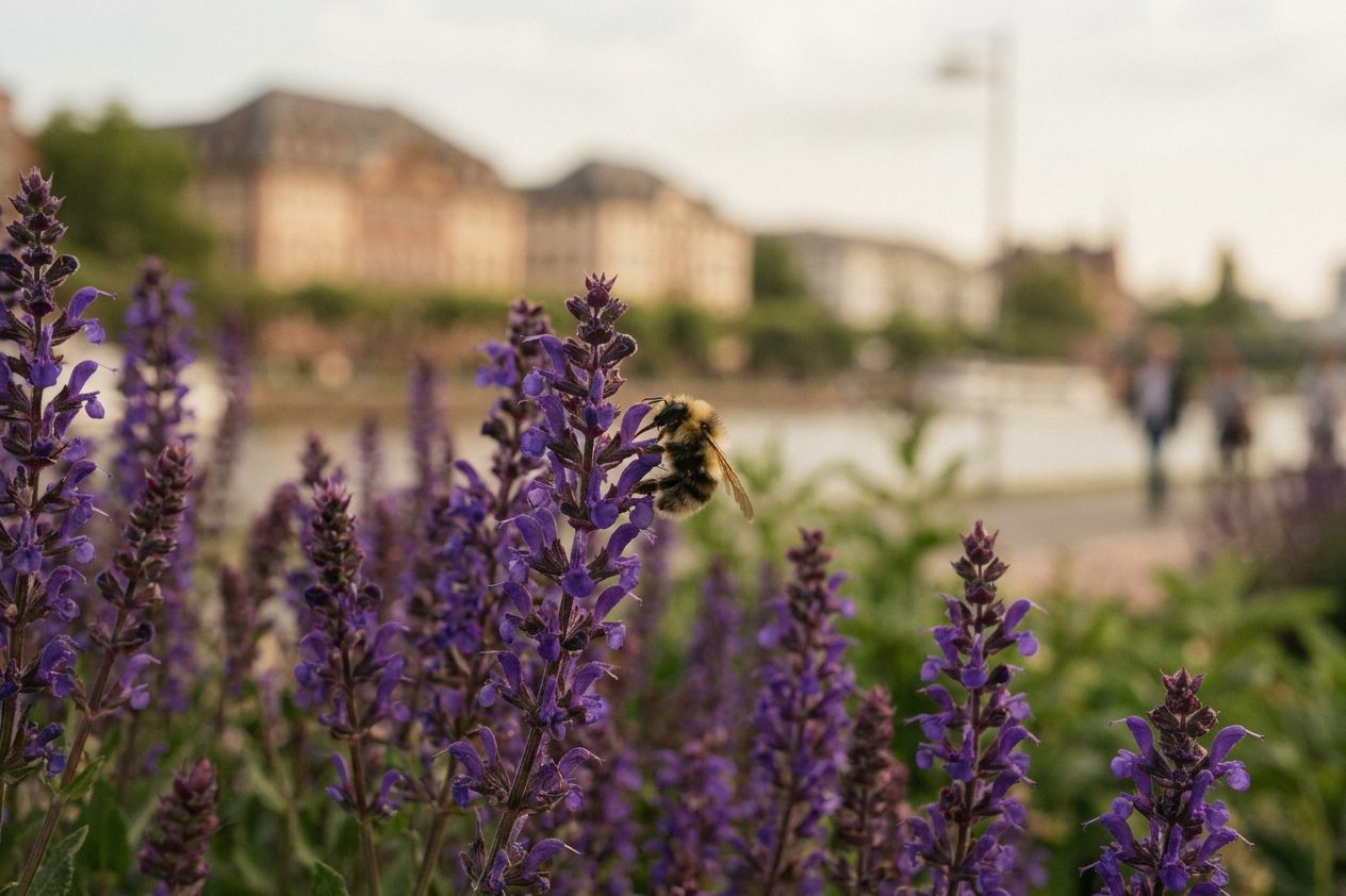 Nahaufnahme einer Wildbiene auf einer violetten Blüte in einem Staudenbeet