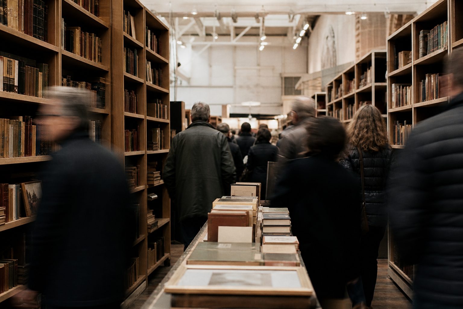 Belebter Messegang zwischen Bücherständen, Besucher in leichter Bewegungsunschärfe zwischen hohen Regalwänden.