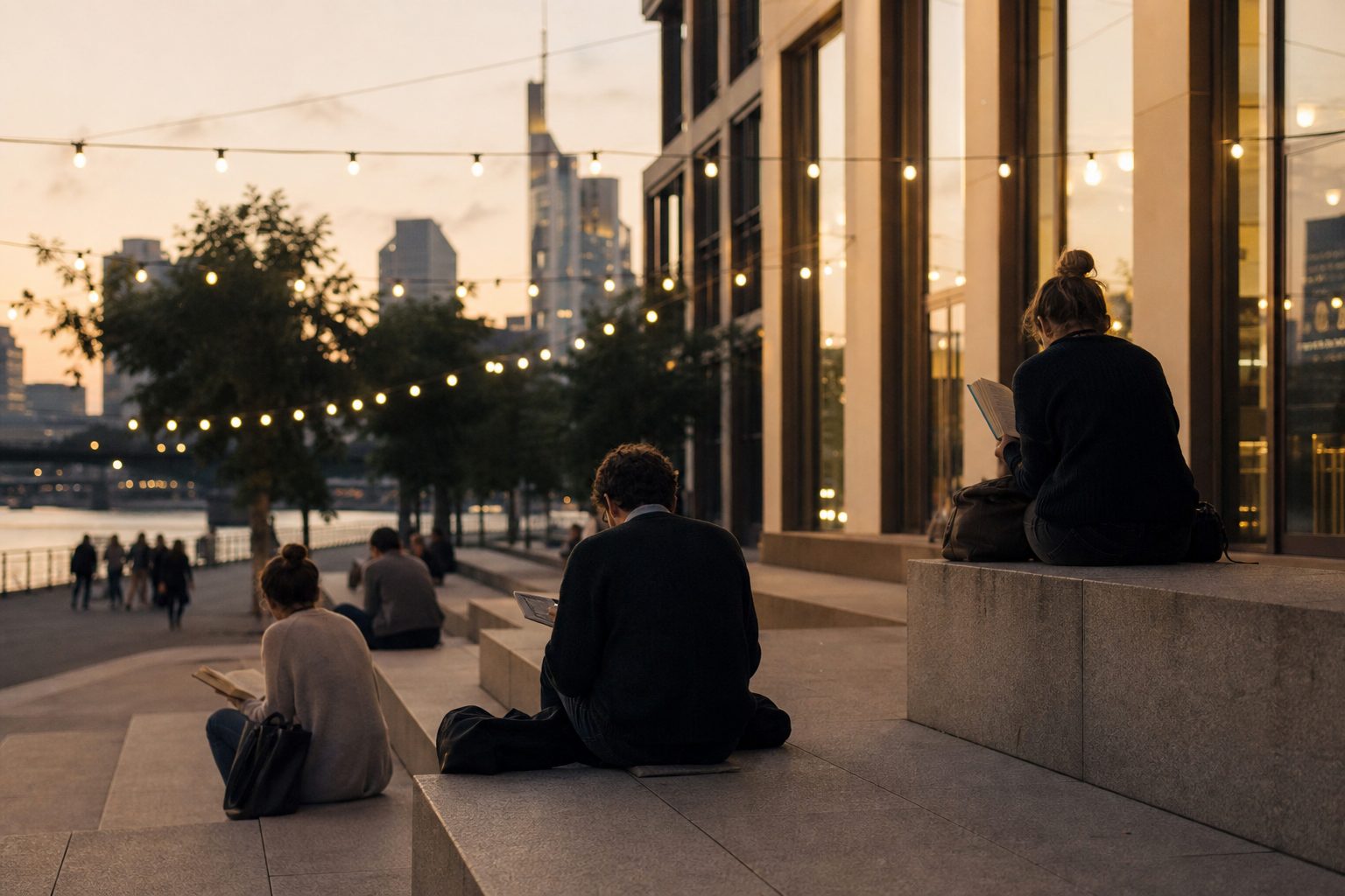 Menschen sitzen abends lesend auf den breiten Stufen der Agora, im Hintergrund leuchten Lichterketten.