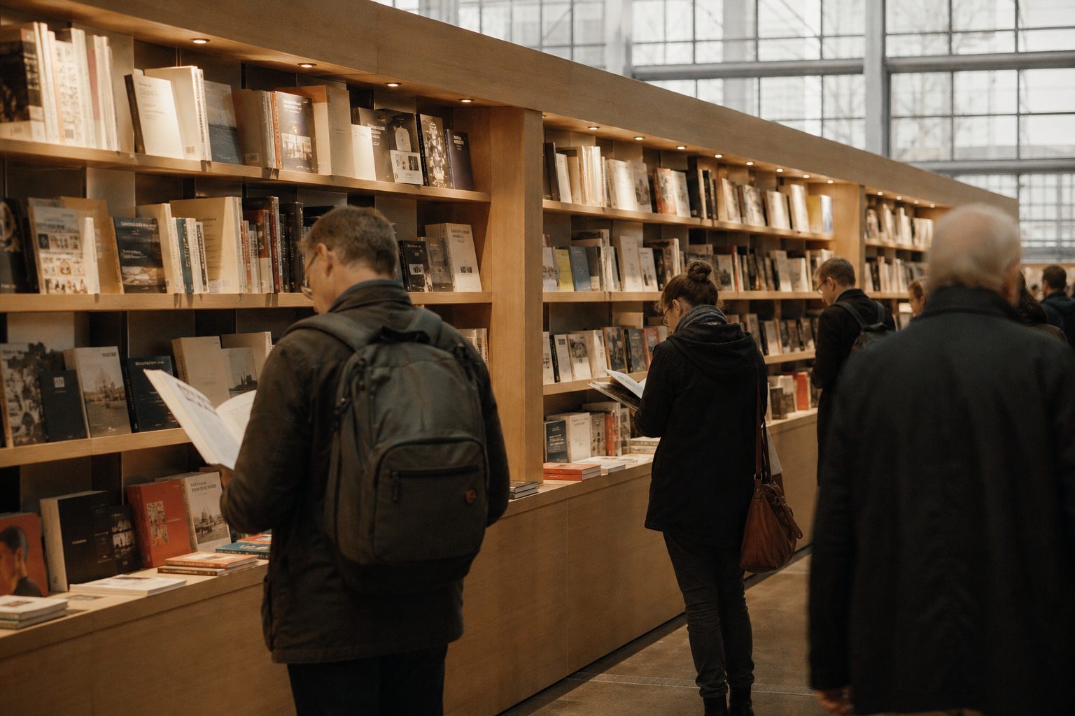 Eine lange Bücherregalwand an einem Messestand, Besucher blättern seitlich abgewandt in Neuerscheinungen.