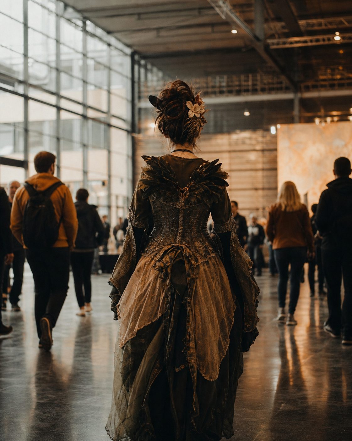 Eine Besucherin in fantasievollem Kostüm, von hinten in einer belebten Messehalle fotografiert, im Hochformat.