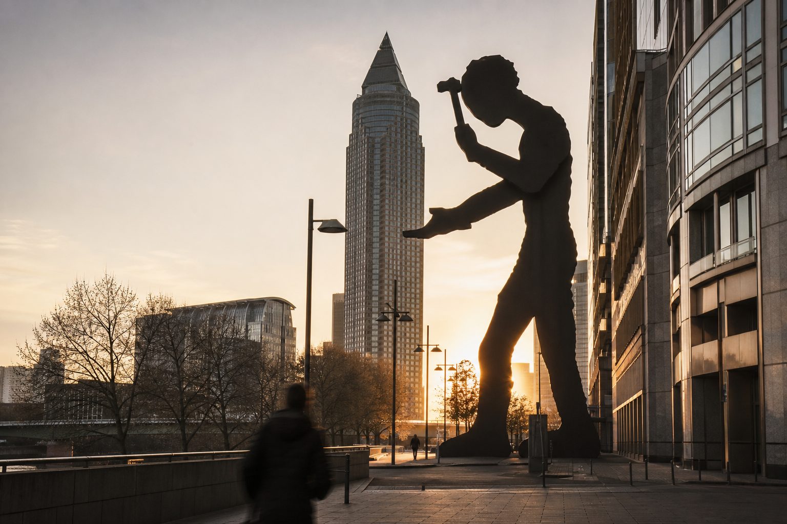 Die Silhouette der Hammering-Man-Skulptur vor dem beleuchteten Messeturm in der Abenddämmerung.