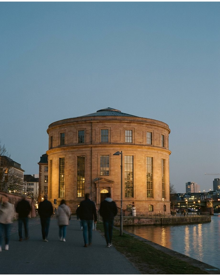 Der Rundbau der Paulskirche vor tiefblauem Abendhimmel, hochformatig fotografiert.