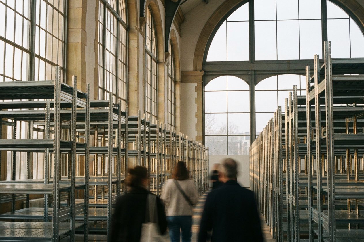 Endlose Regalreihen in einer Messehalle, Besucher als unscharfe Bewegung im Gegenlicht.