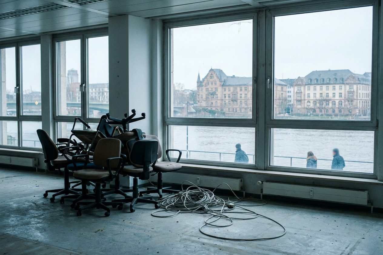 Gestapelte Bürostühle und abgeklemmte Kabelstränge in einer verlassenen Büroetage, kühles Tageslicht fällt durch die Fensterfront.