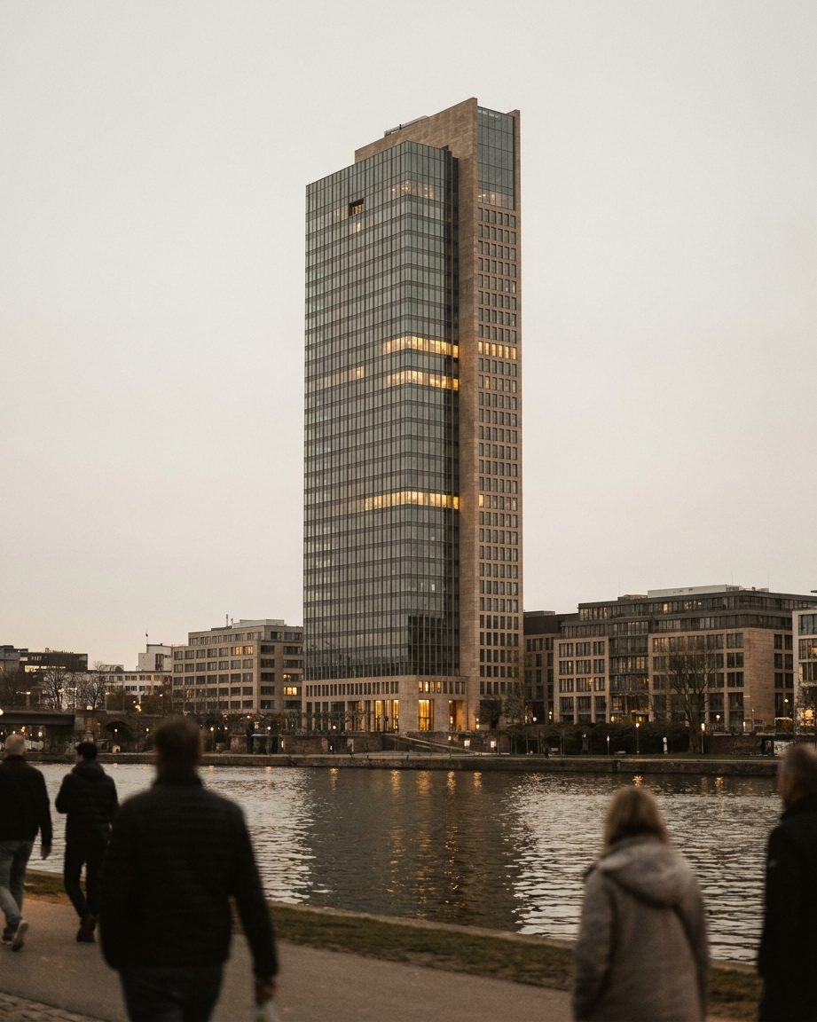 Ein Frankfurter Bürohochhaus bei Nacht, nur wenige Fenster sind erleuchtet, der Rest der Fassade liegt dunkel vor dem Nachthimmel.