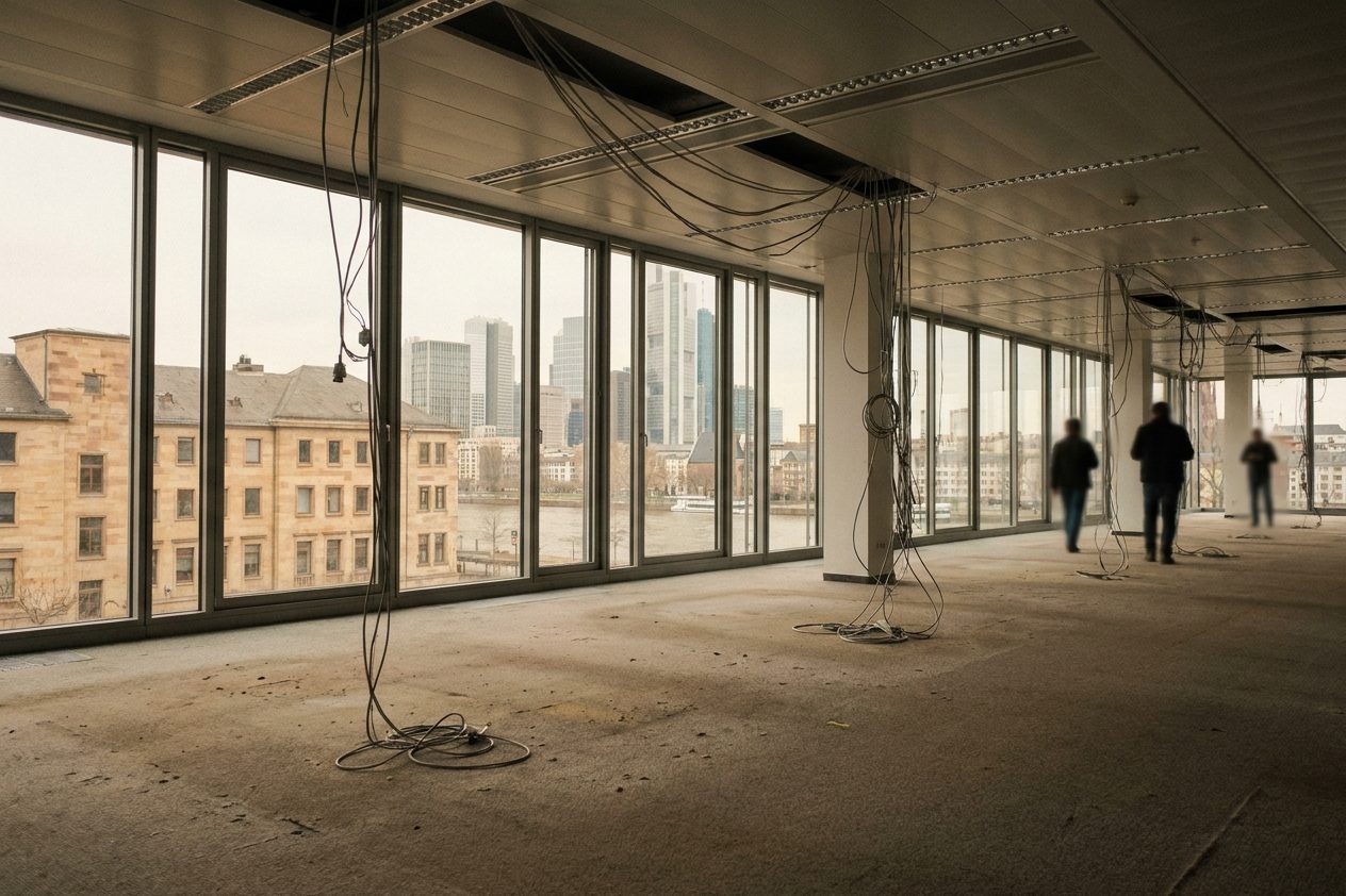 Ein leeres Großraumbüro mit staubigem Teppichboden und aus der Decke hängenden Kabeln, dahinter eine Fensterfront mit Blick über die Stadt.