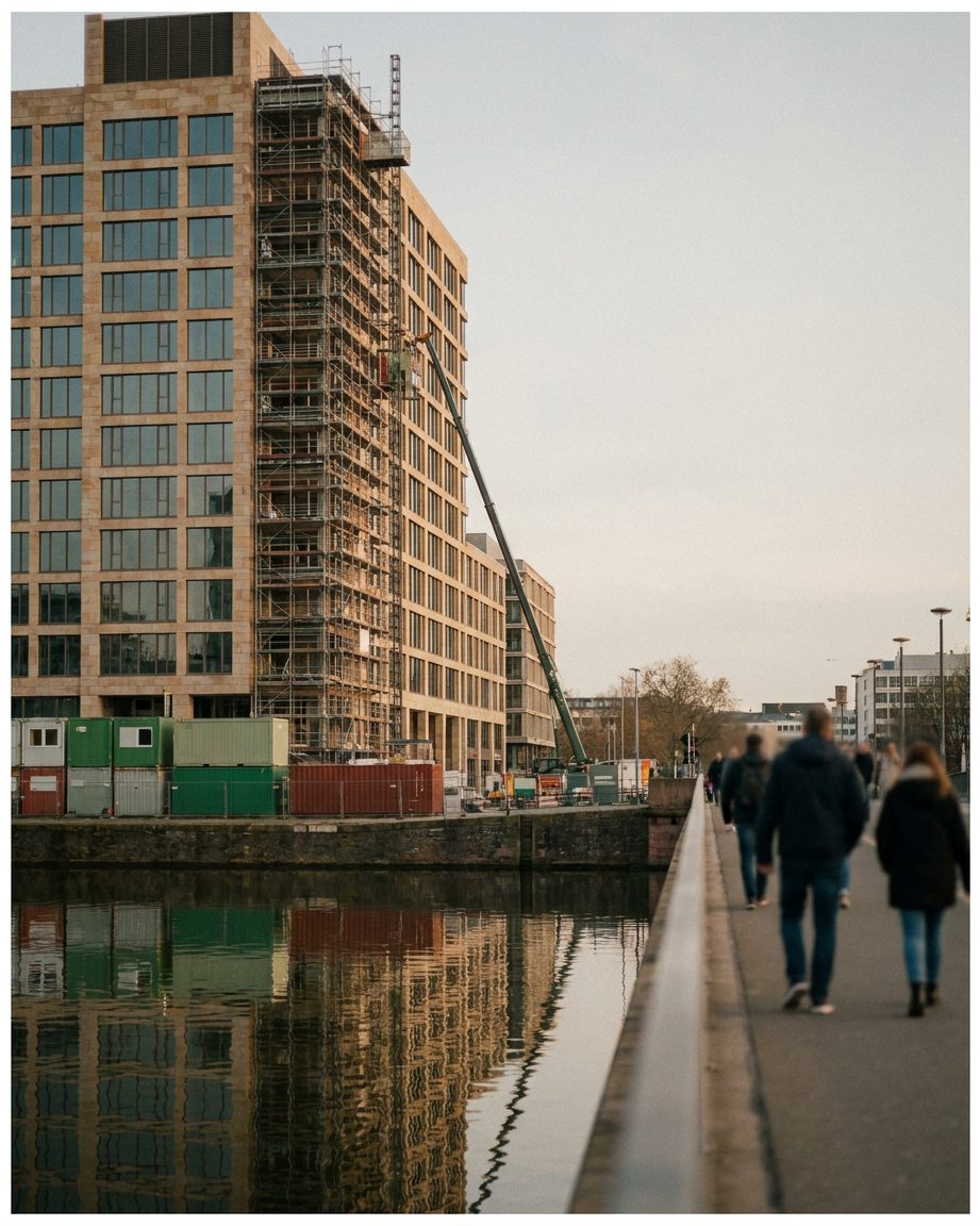 Die halb eingerüstete Fassade eines Büroturms, davor Baucontainer und der Ausleger eines Krans vor blassem Himmel.
