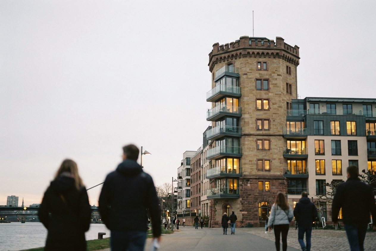 Ein umgebauter Wohnturm mit neuen Balkonen und warm erleuchteten Fenstern in der Dämmerung.