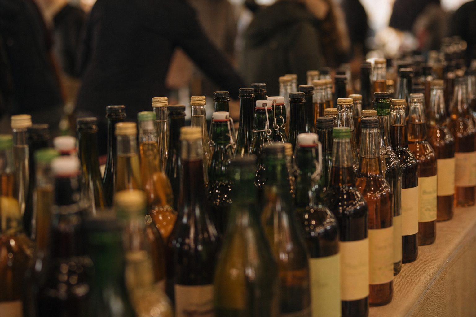 Dutzende Cider- und Apfelweinflaschen stehen dicht an dicht auf einem Messetisch, die Etiketten in der Unschärfe.