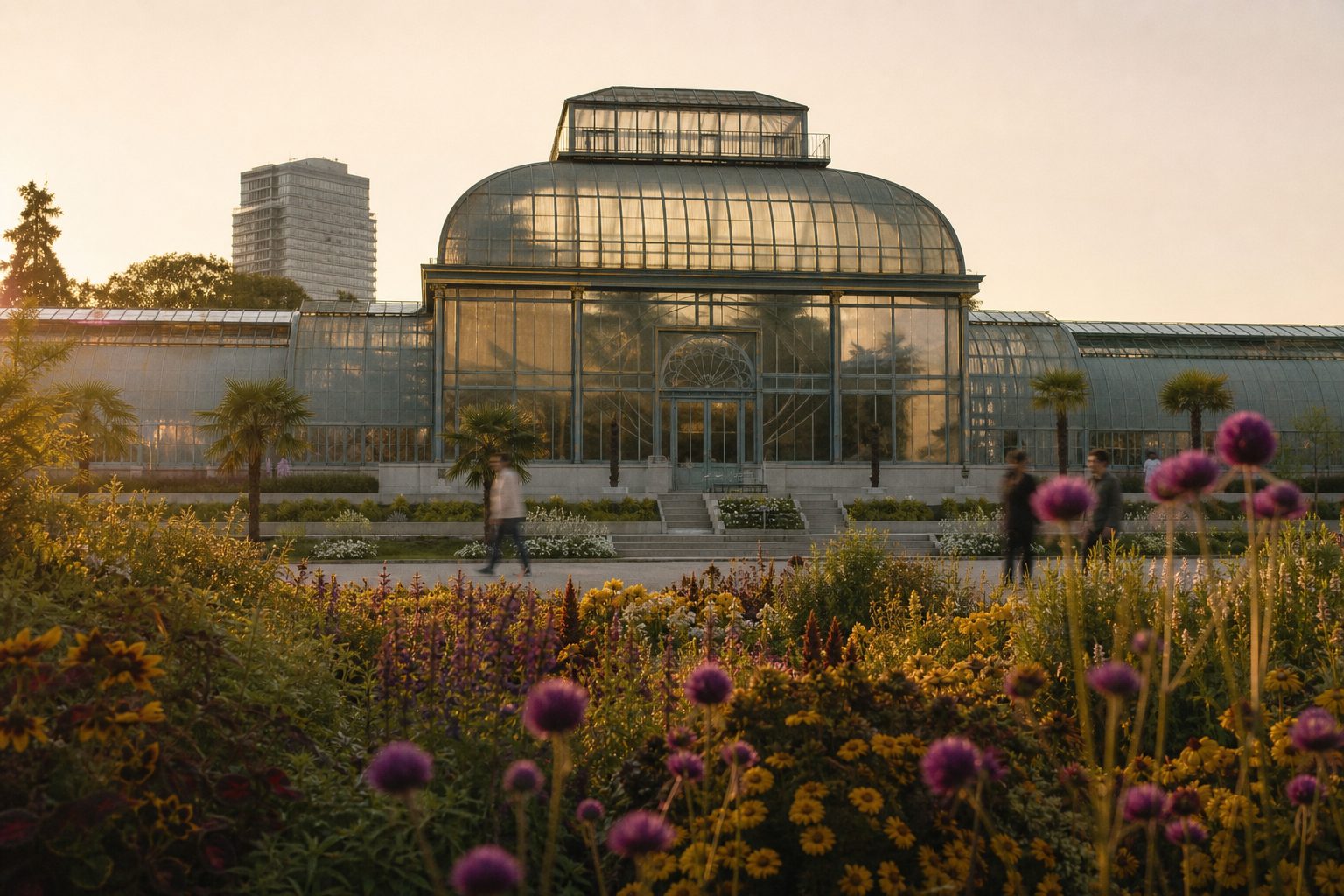 Das Palmenhaus des Palmengartens im warmen Abendlicht hinter blühenden Beeten, Besucher als ferne Silhouetten.