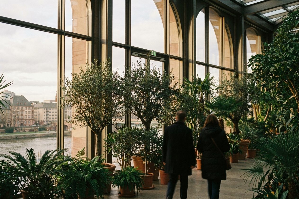 Blick in einen begrünten Wintergarten mit Bäumen hoch oben in einem Hochhaus mit großer Glasfront