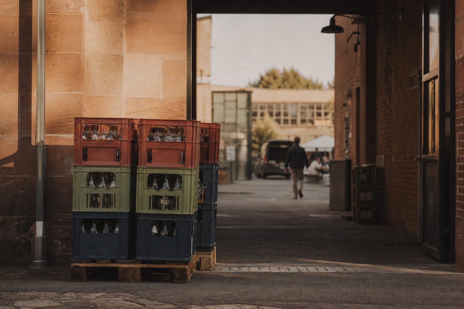 Gestapelte Getränkekisten auf Paletten vor einem offenen Werkstatttor, dahinter unscharf ein Gewerbehof im Abendlicht.