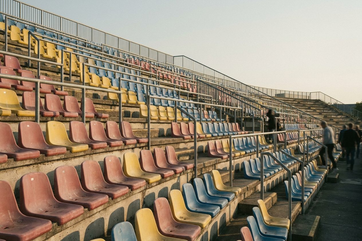 Leere Zuschauerränge eines Stadions von oben, steile Tribüne mit farbigen Sitzschalen.