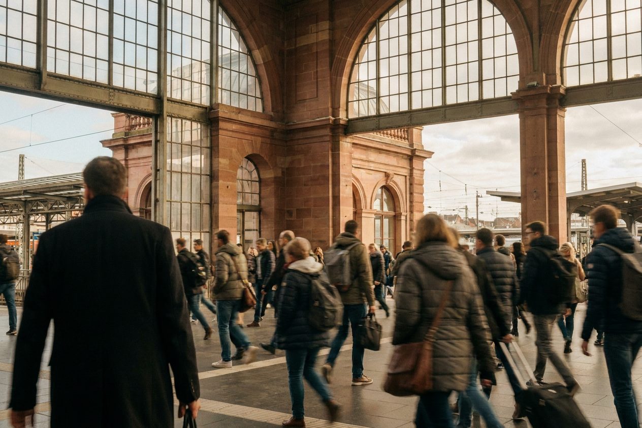 Pendlerströme auf dem Querbahnsteig des Frankfurter Hauptbahnhofs in Bewegungsunschärfe, warmes Hallenlicht.