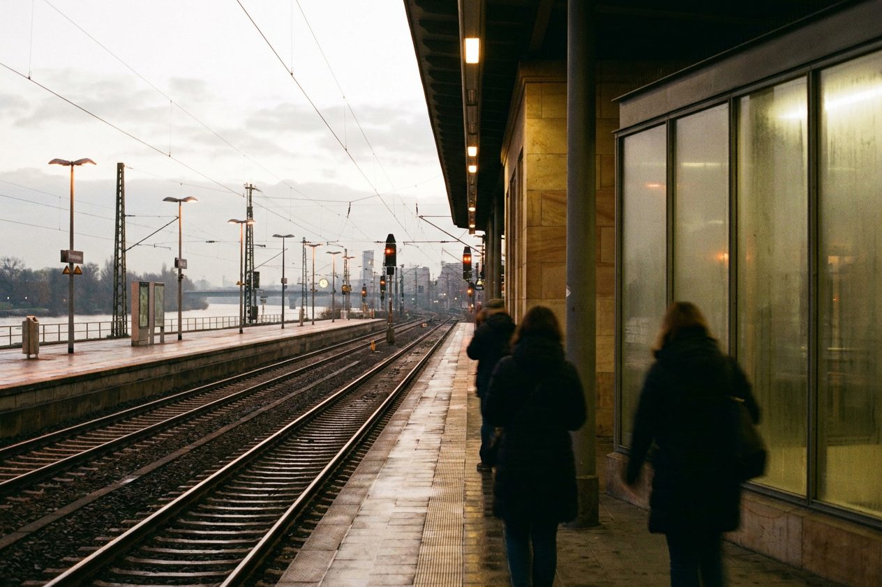 Fast leerer Bahnsteig am Abend, warme Signal- und Laternenlichter spiegeln sich auf den Gleisen.