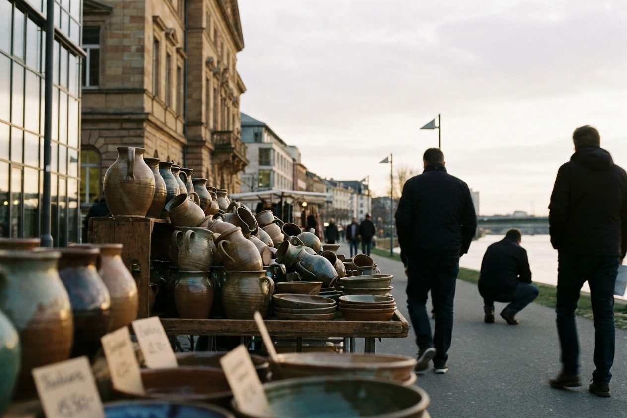 Stapel glasierter Tonkrüge und Schüsseln an einem Marktstand, die Preisschilder verschwimmen im Hintergrund.