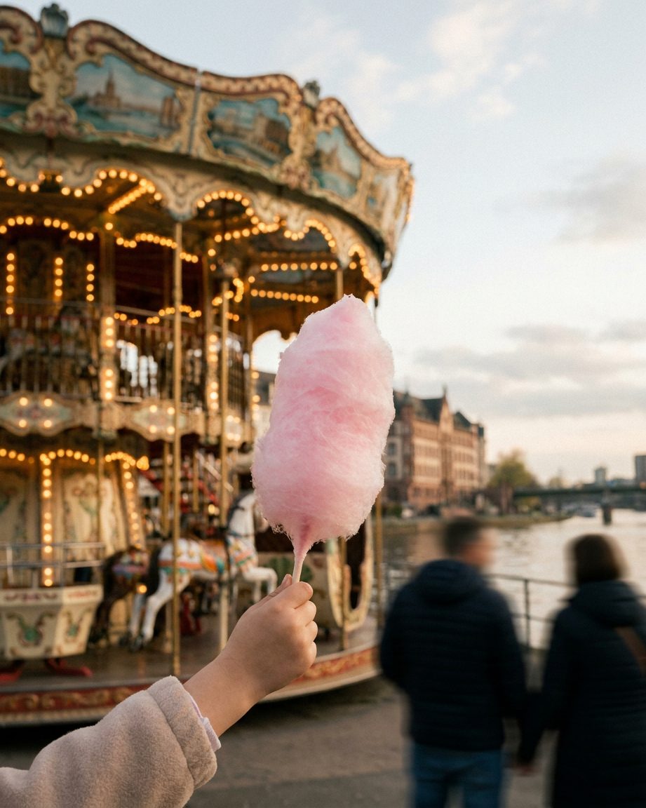 Eine Kinderhand hält Zuckerwatte vor einem bunt beleuchteten, unscharf drehenden Karussell.